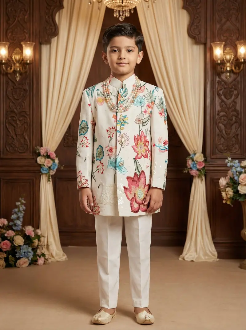 Cream Georgette Floral Embroidery Sherwani And Pant Set 1