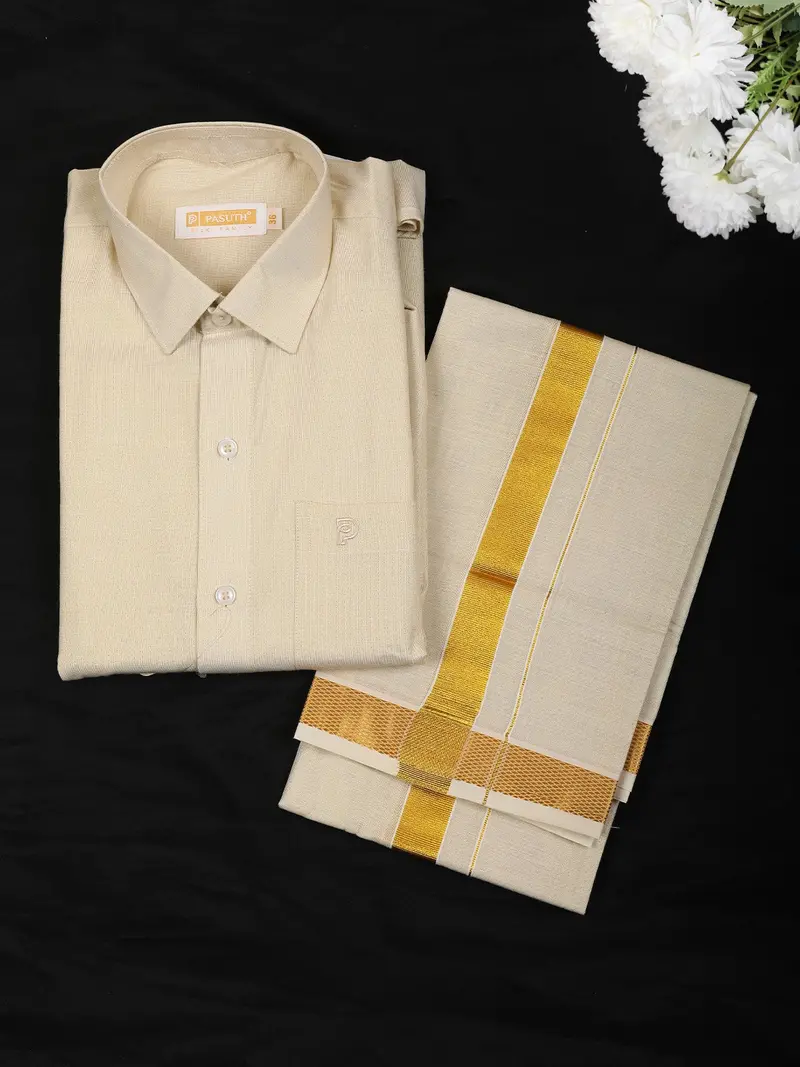 Cream Gold Solid Design Dhoti Shirt With Gold Zari Border 1