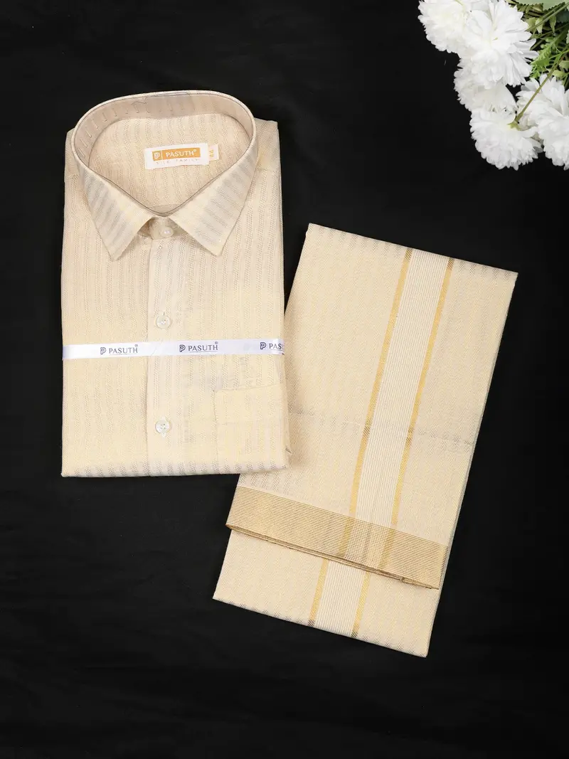 Cream Gold Striped Woven Design Shirt With Matching Dhoti Set 1
