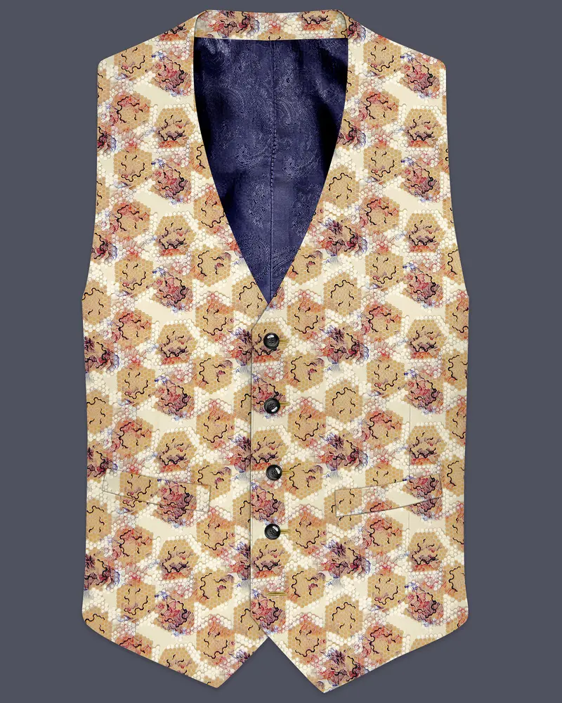 Cream Honeycomb Printed Premium Designer Waistcoat 1