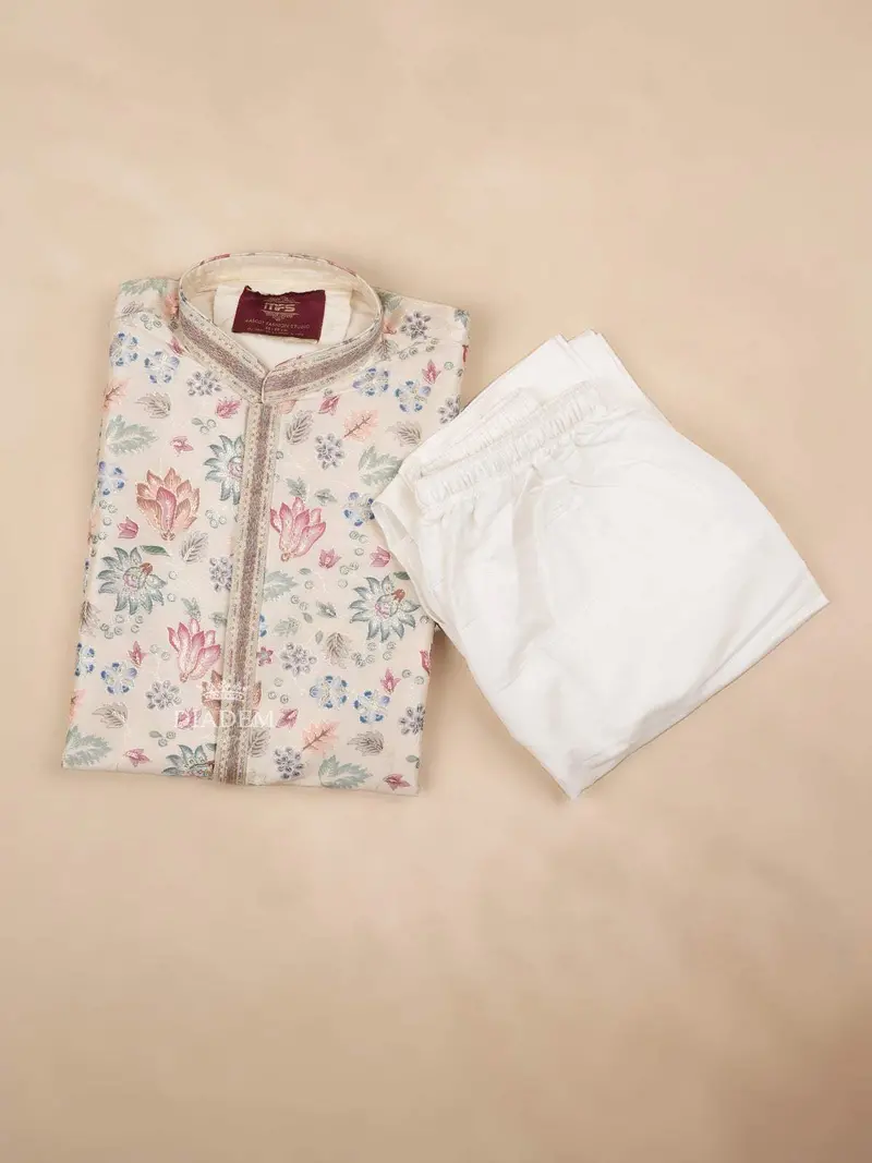 Cream Kurta Set With Floral Designs And Embroidery With Pant 1