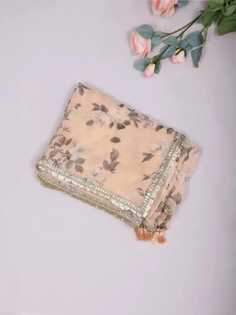 Cream Organza Saree With Floral Prints On The Body And Embroidered Border Paired With Designer Blouse 1