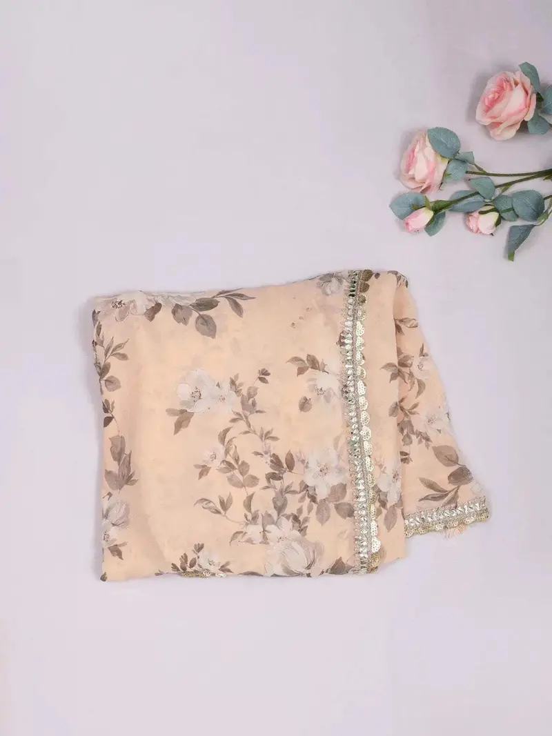 Cream Organza Saree With Floral Prints On The Body And Embroidered Border Paired With Designer Blouse 2