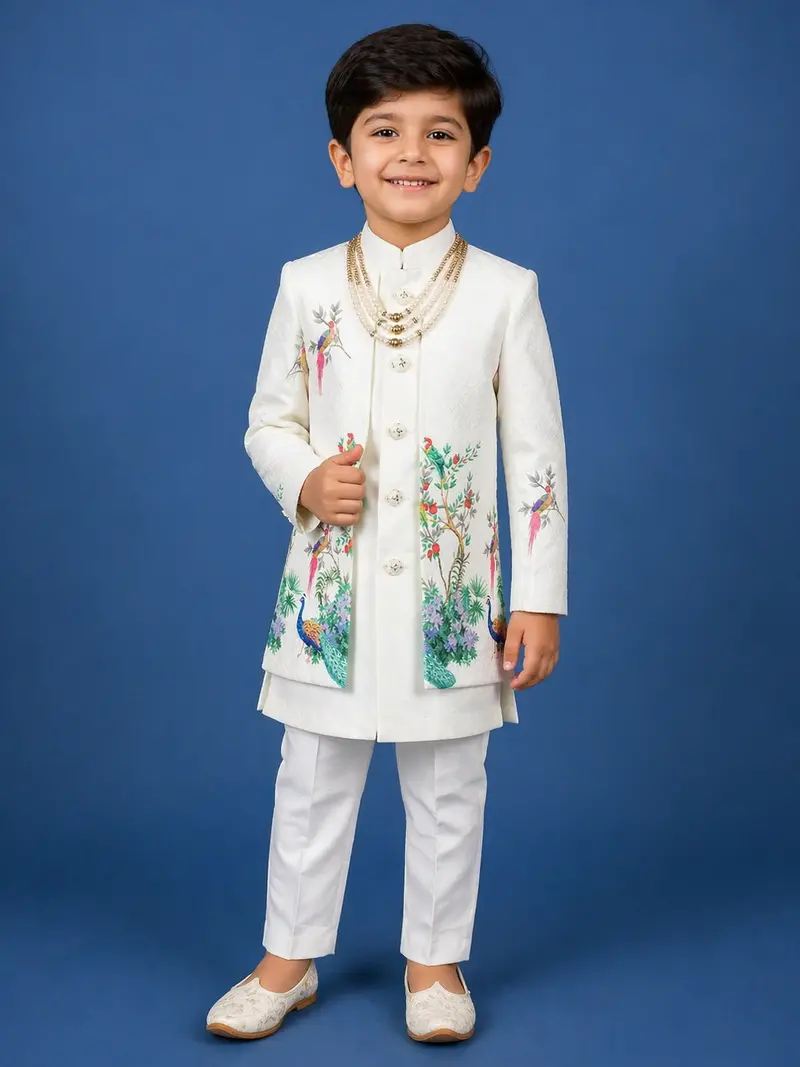 Cream Peacock And Bird Print Kids Indo-Western Sherwani Set 1