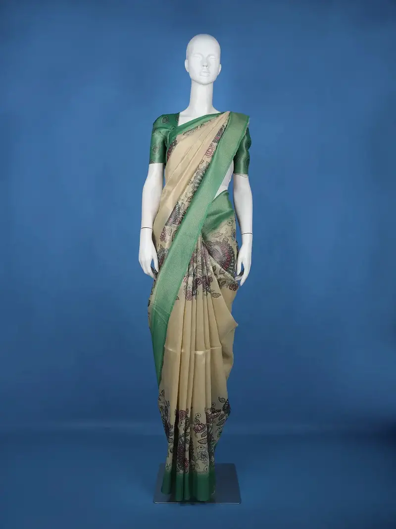Cream Peacock Motif Printed Semi Tussar Silk Saree With Contrast Border 1