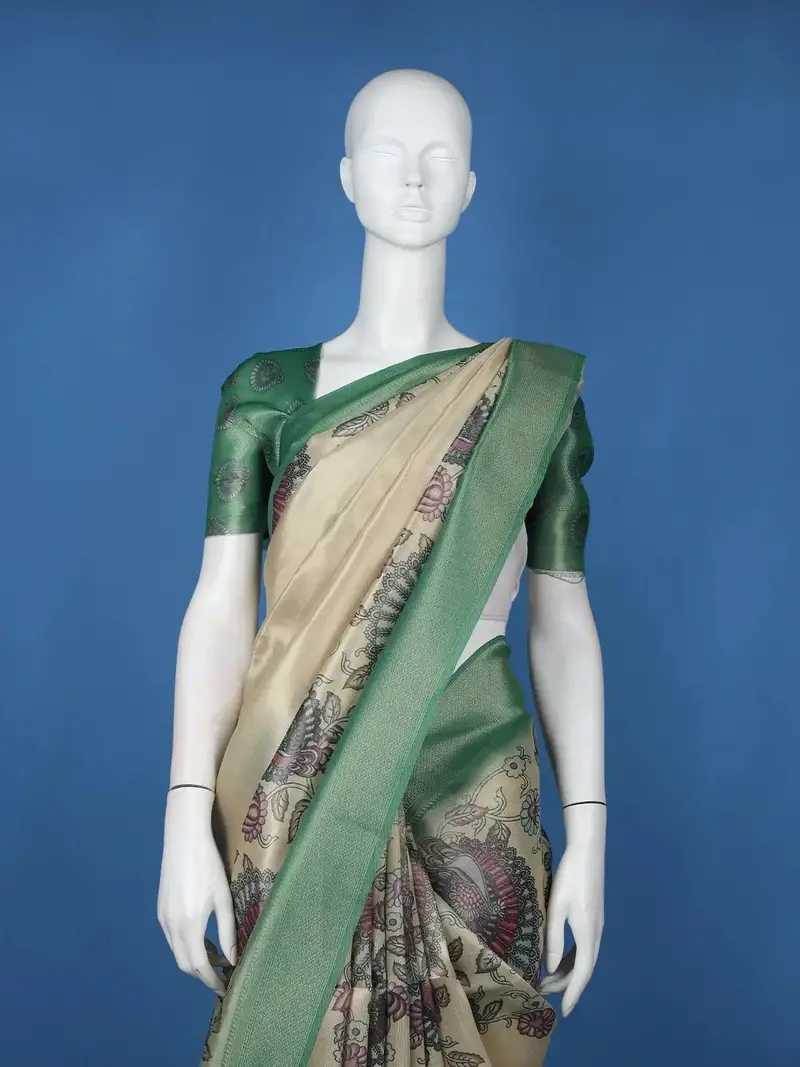 Cream Peacock Motif Printed Semi Tussar Silk Saree With Contrast Border 2