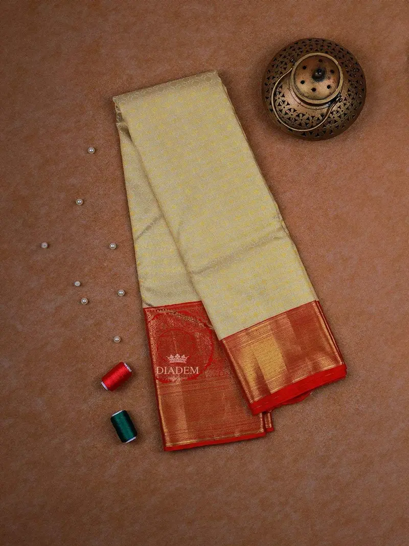 Cream Pure Kanchipuram Silk Saree With Geometric Design On The Body With Contrast Broad And Small Zari Border 1