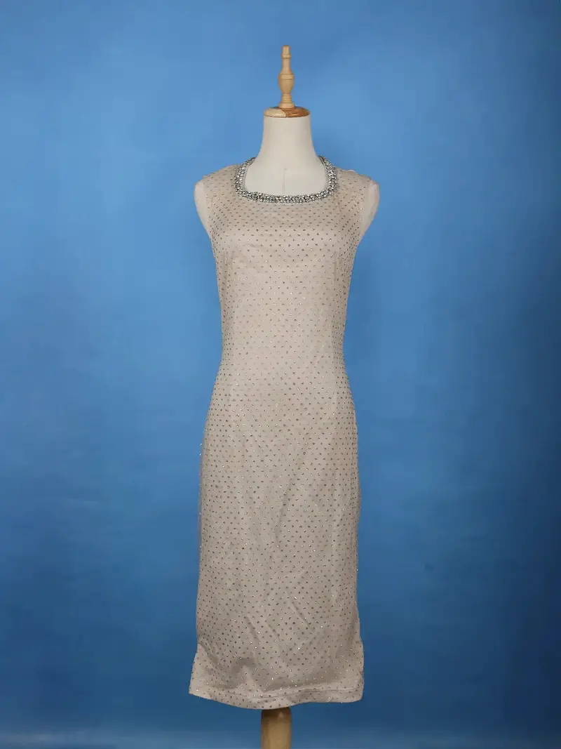 Cream Sequins Design Net Gown With Stone-Embellished Neckline 1