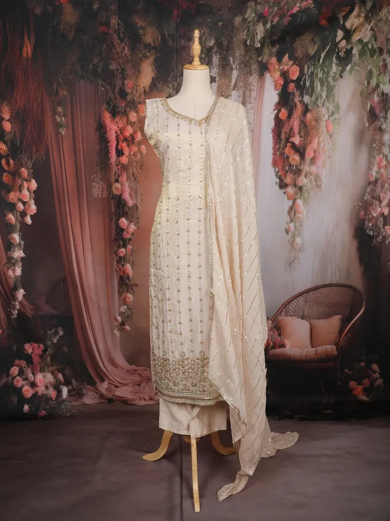 Cream Sequins Embroidered Tissue Silk Suit With Dupatta 1