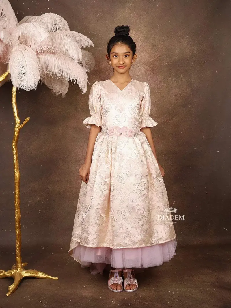 Cream Silk Gown With Floral Motif On The Body With Inner Net 1