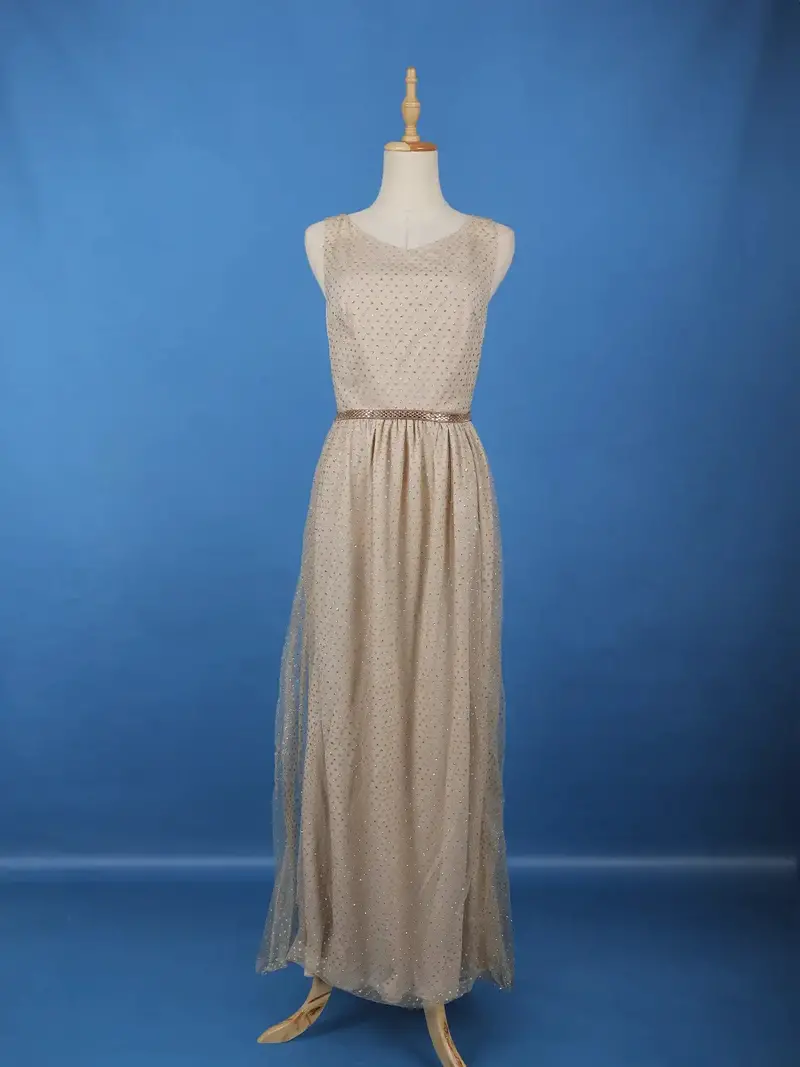 Cream Sleeveless Netted Gown With Sequin Embellishments And Waist Belt 1
