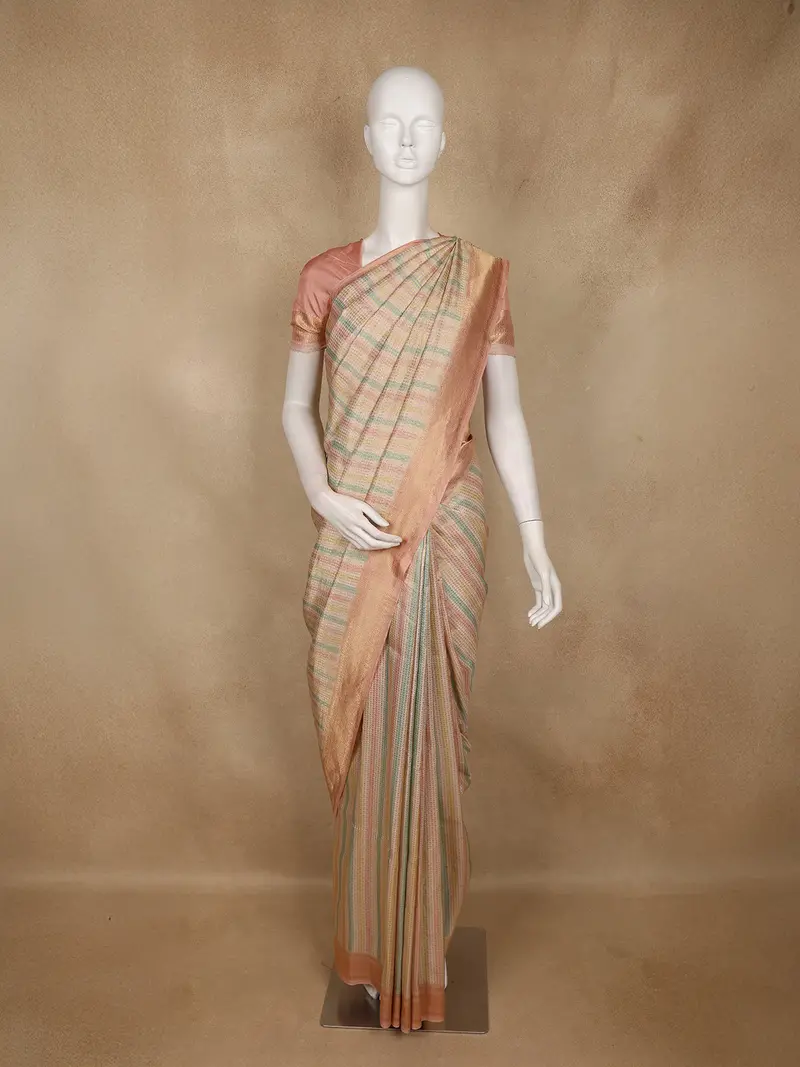 Cream Striped Design Pure Banarasi Silk Saree 1