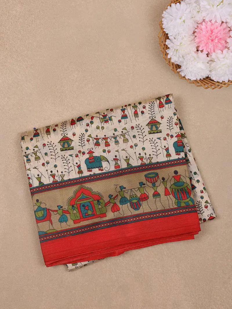 Cream Warli Prints Fancy Georgette Saree 1