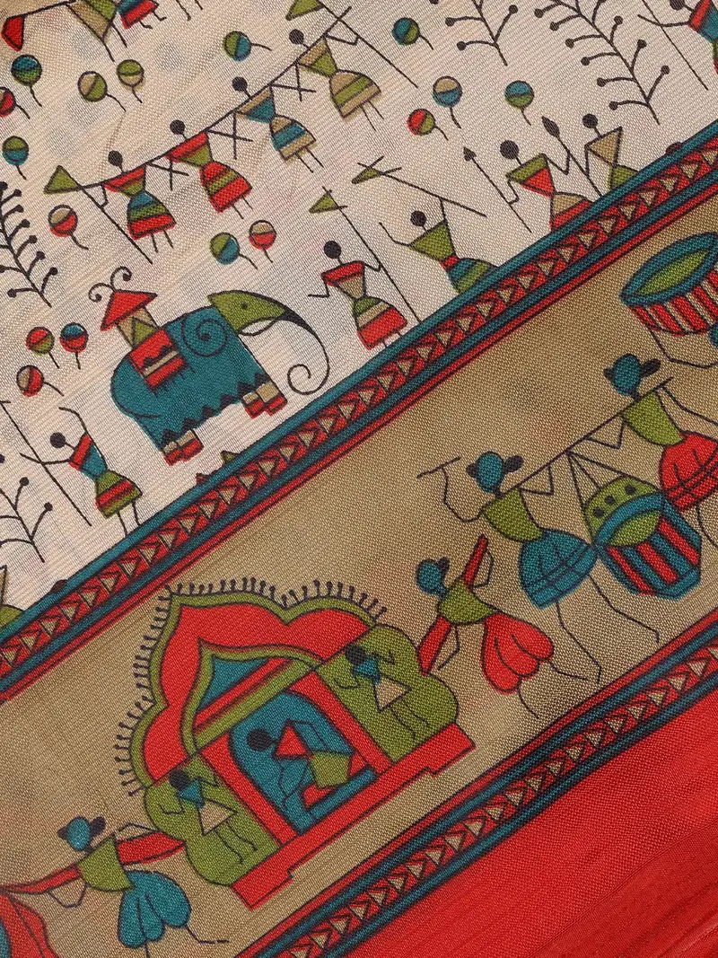 Cream Warli Prints Fancy Georgette Saree 2