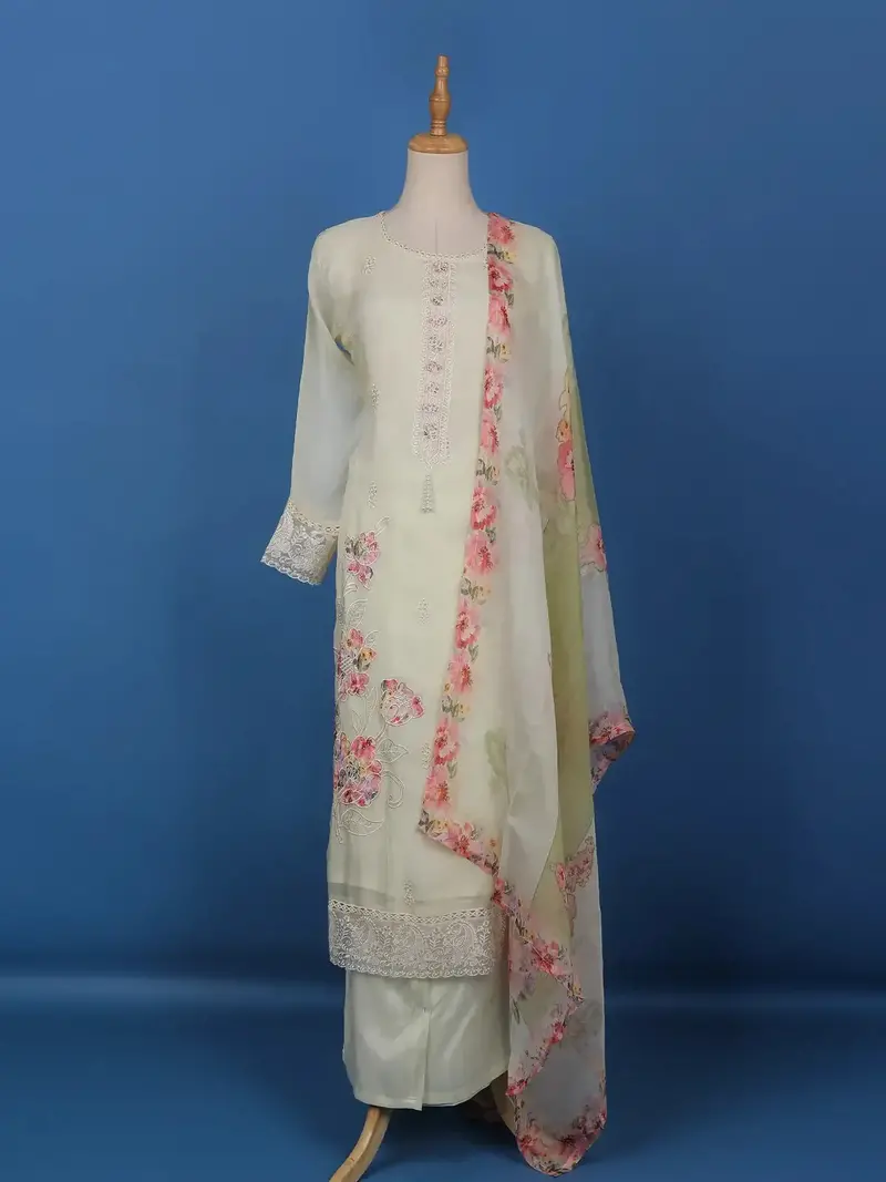 Cream White Floral Embroidery Organza Salwar Suit 1