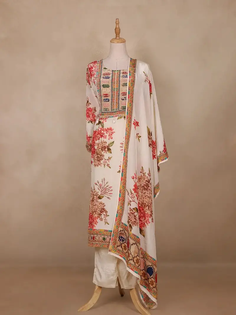 Cream White Floral Semi Tissue Salwar Suit – Elegant Ethnic Wear For Women 1
