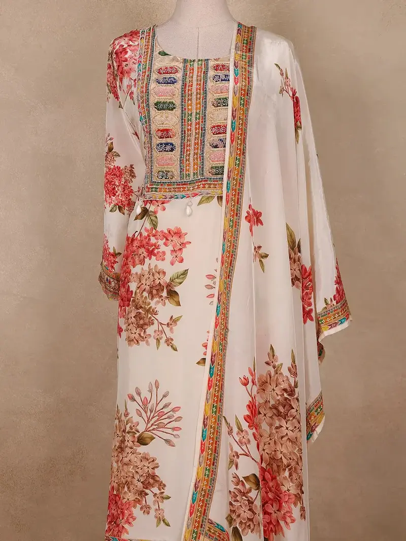 Cream White Floral Semi Tissue Salwar Suit – Elegant Ethnic Wear For Women 2
