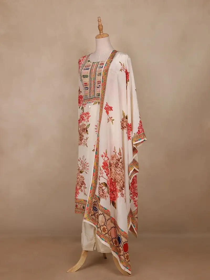 Cream White Floral Semi Tissue Salwar Suit – Elegant Ethnic Wear For Women 3