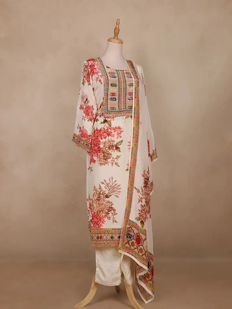 Cream White Floral Semi Tissue Salwar Suit – Elegant Ethnic Wear For Women 4