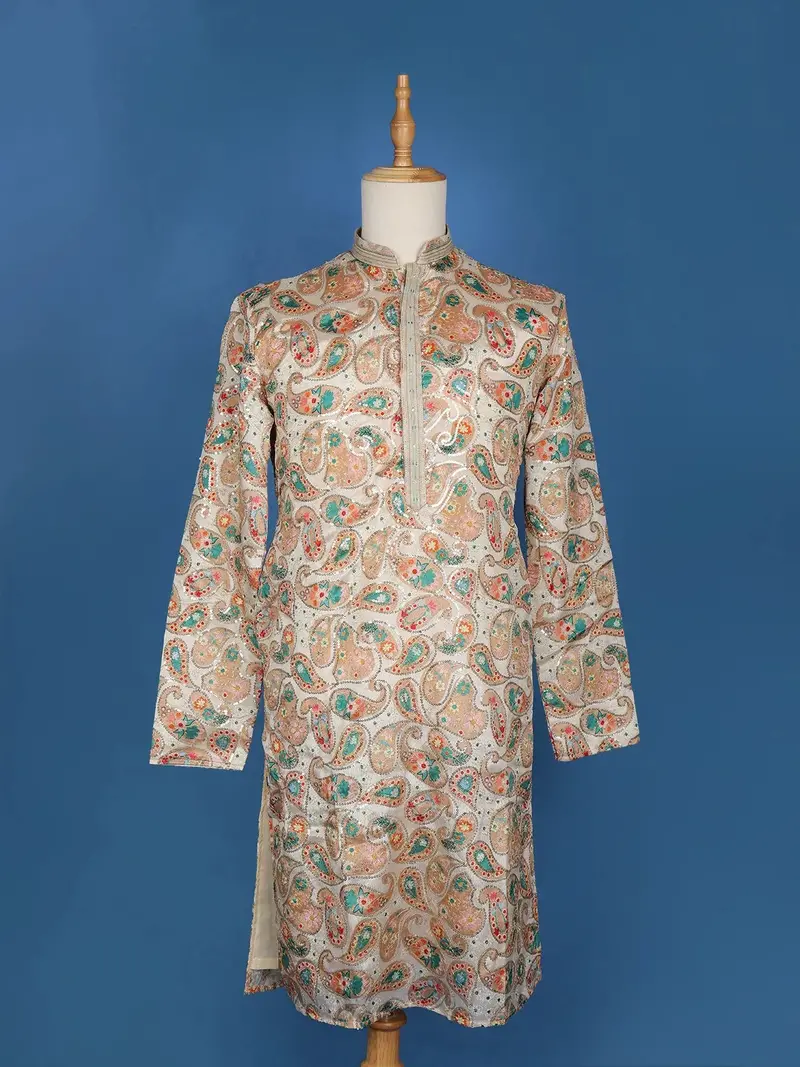 Cream White Paisley And Sequins Embroidery Semi Silk Kurta Set With Pant 1