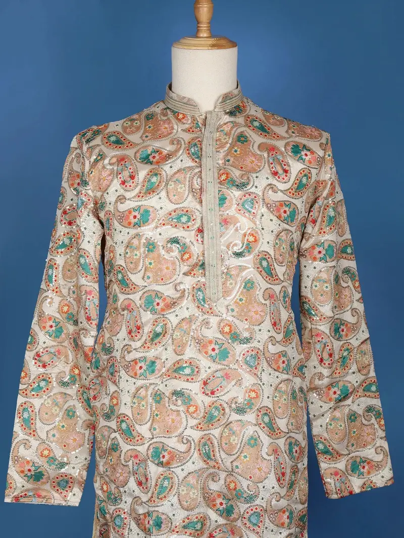Cream White Paisley And Sequins Embroidery Semi Silk Kurta Set With Pant 2