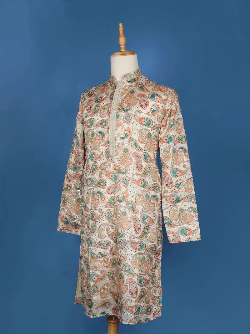 Cream White Paisley And Sequins Embroidery Semi Silk Kurta Set With Pant 3