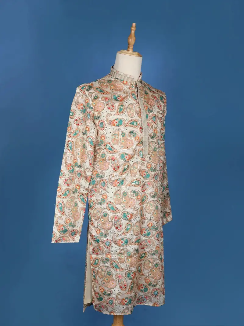 Cream White Paisley And Sequins Embroidery Semi Silk Kurta Set With Pant 4