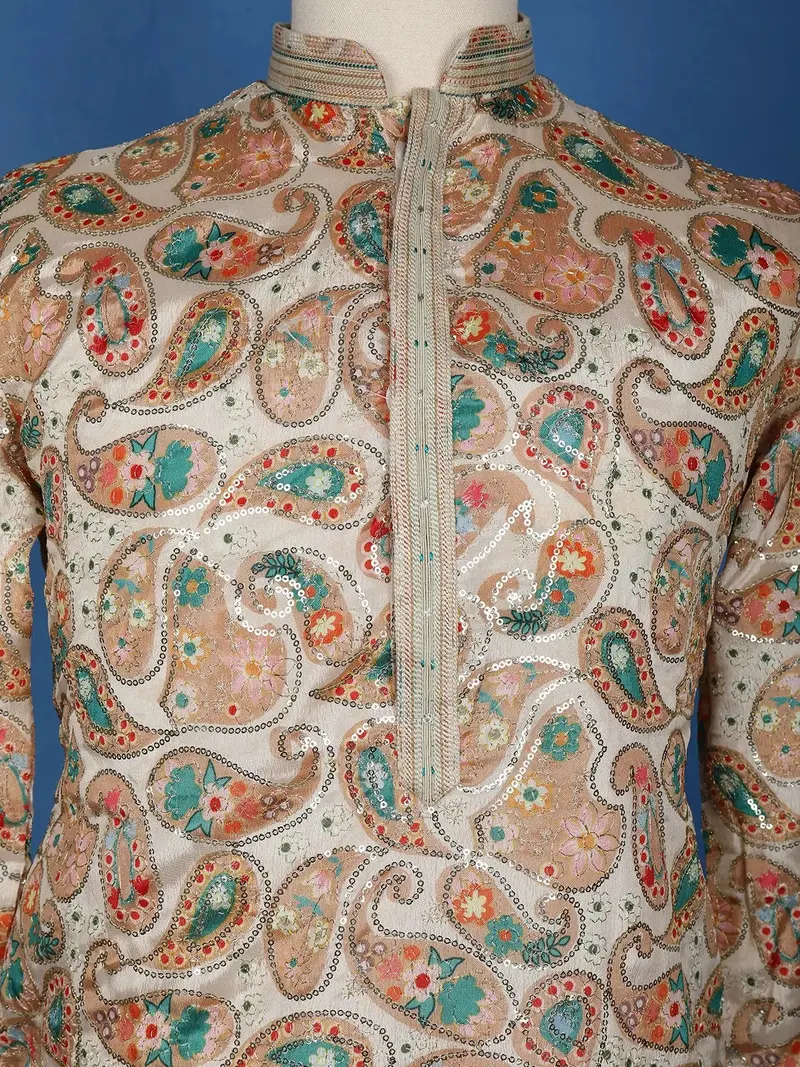 Cream White Paisley And Sequins Embroidery Semi Silk Kurta Set With Pant 5
