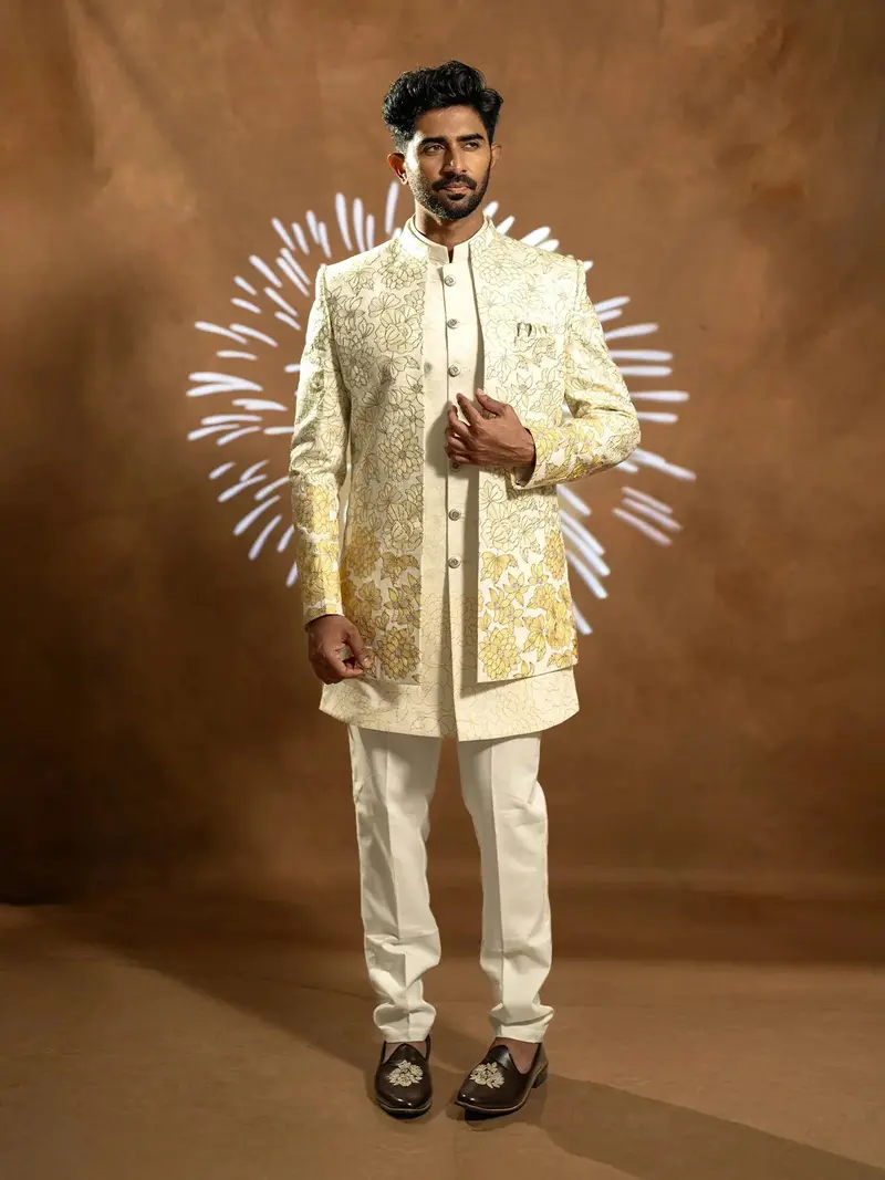 Cream White Raw Silk Floral Designed Sherwani Suit 1