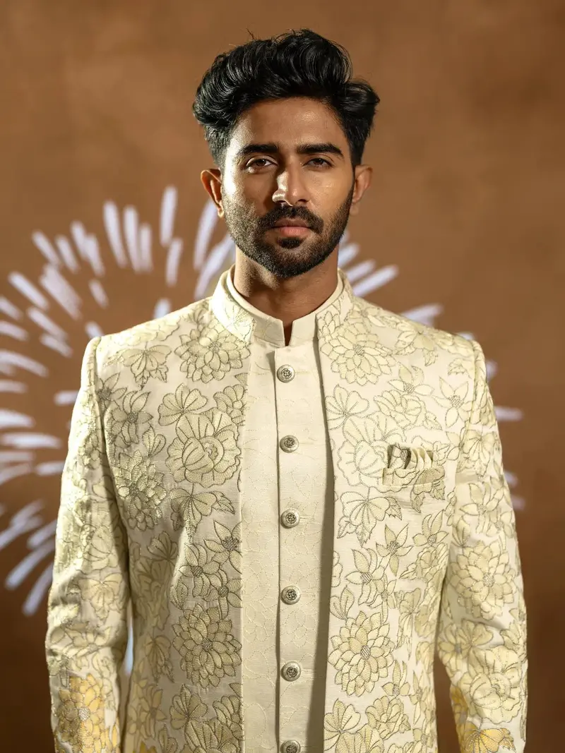 Cream White Raw Silk Floral Designed Sherwani Suit 2