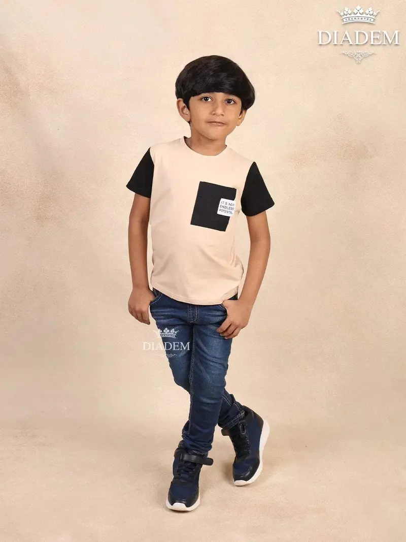 Cream With Black Solid Cotton T-Shirt 1