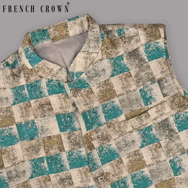 Cream With Golden And Aqua Fading Box Jacquard Textured Designer Nehru Jacket 1