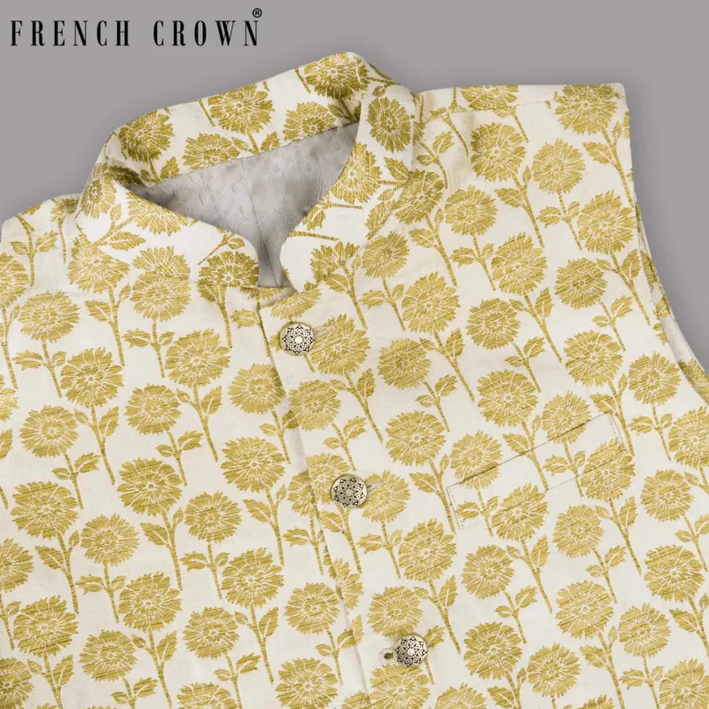 Cream With Golden Marigold Flowers Jacquard Designer Nehru Jacket 1