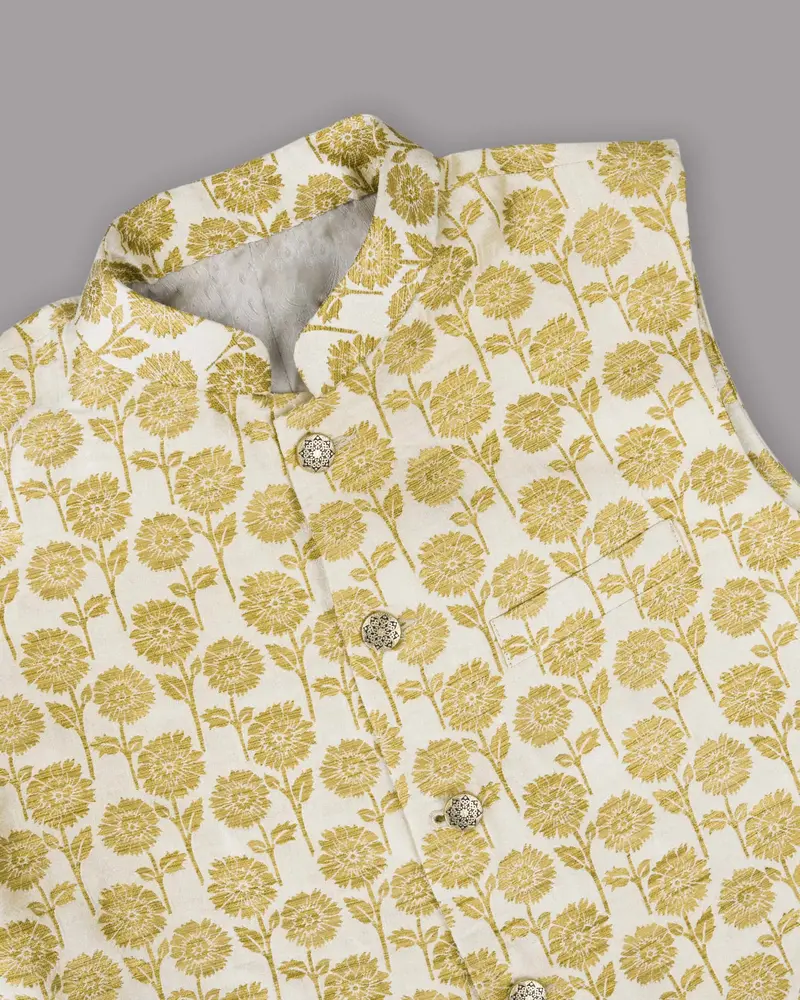 Cream With Golden Marigold Flowers Jacquard Designer Nehru Jacket 2