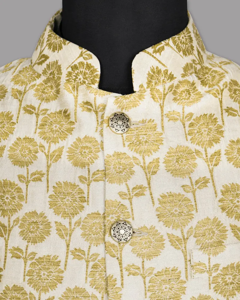 Cream With Golden Marigold Flowers Jacquard Designer Nehru Jacket 4