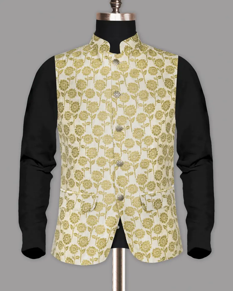 Cream With Golden Marigold Flowers Jacquard Designer Nehru Jacket 5
