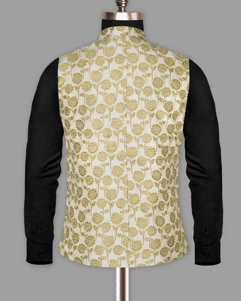 Cream With Golden Marigold Flowers Jacquard Designer Nehru Jacket 6