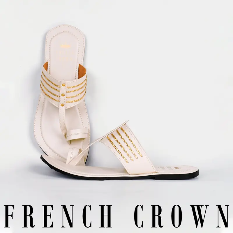 Cream With Golden Stitched Vegan Leather Kolhapuri Sandal 1