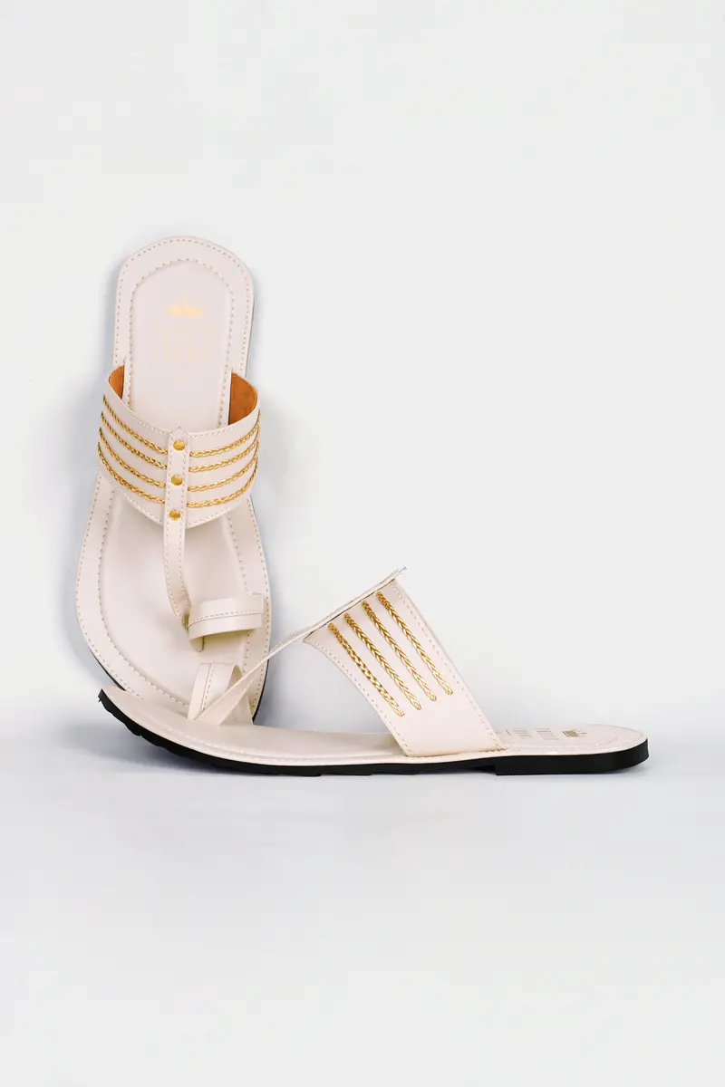Cream With Golden Stitched Vegan Leather Kolhapuri Sandal 2