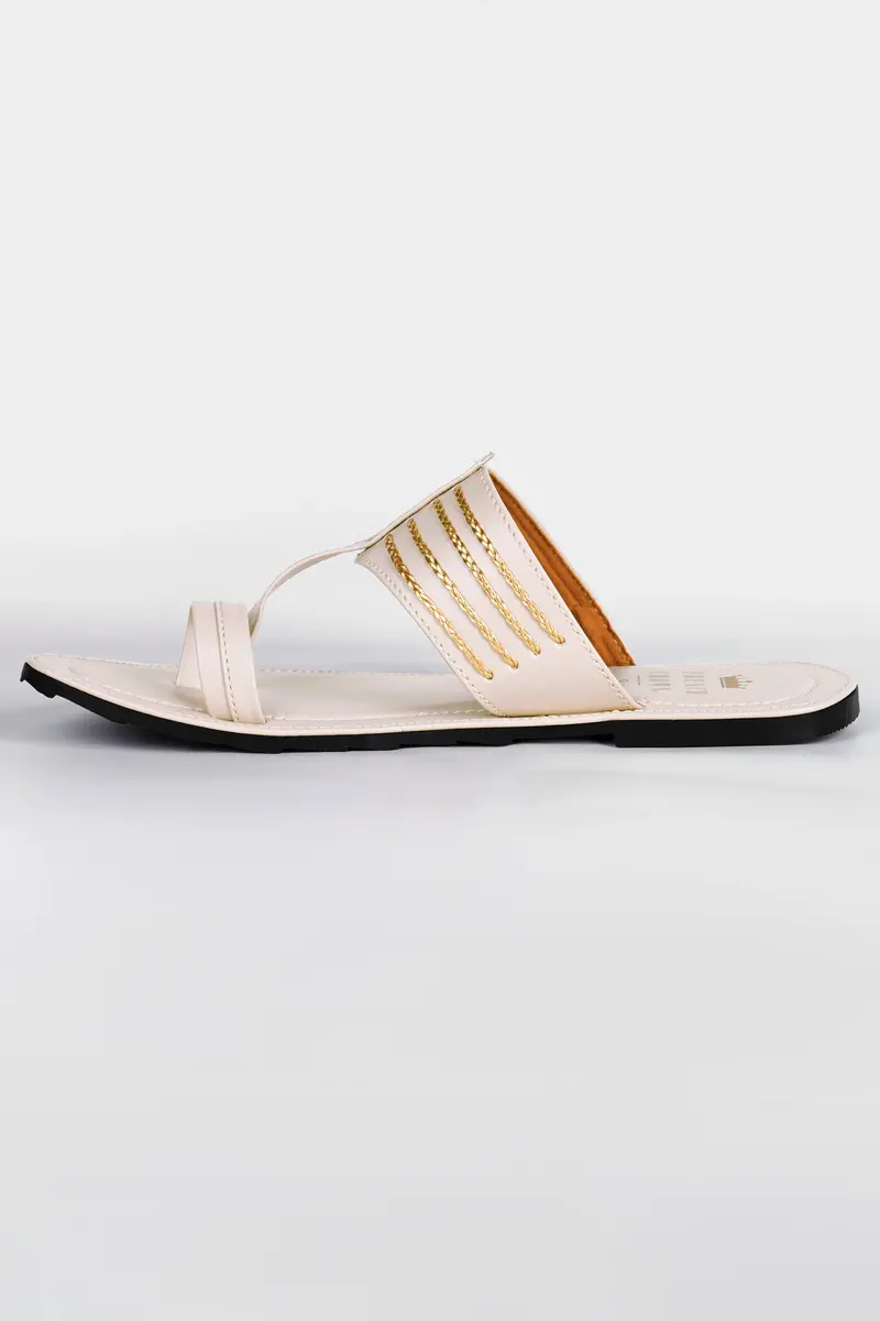 Cream With Golden Stitched Vegan Leather Kolhapuri Sandal 3
