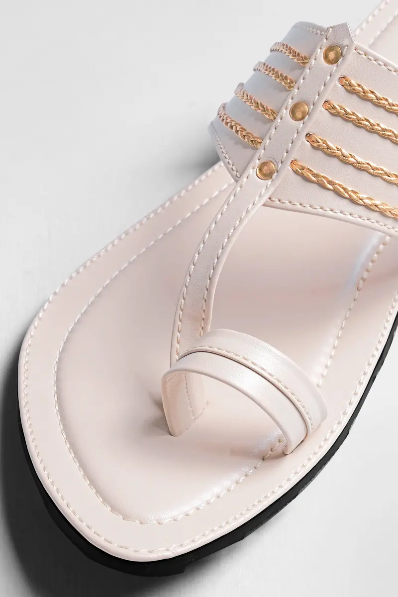 Cream With Golden Stitched Vegan Leather Kolhapuri Sandal 4