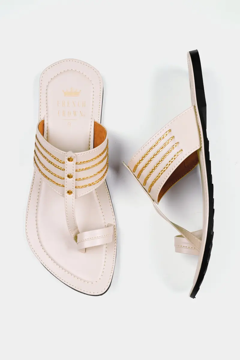 Cream With Golden Stitched Vegan Leather Kolhapuri Sandal 5