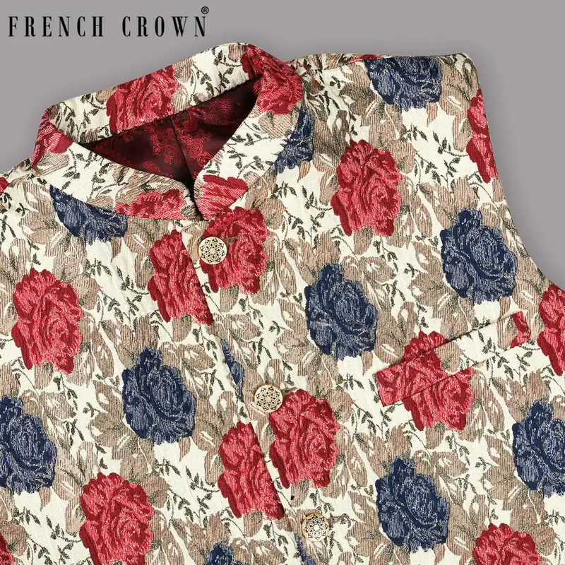 Cream With Red And Blue Flowers Jacquard Designer Nehru Jacket 1
