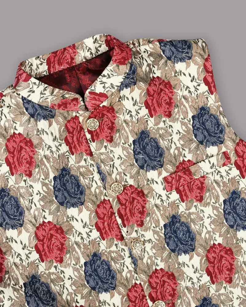 Cream With Red And Blue Flowers Jacquard Designer Nehru Jacket 2