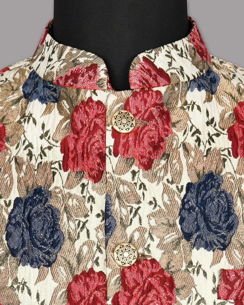 Cream With Red And Blue Flowers Jacquard Designer Nehru Jacket 4