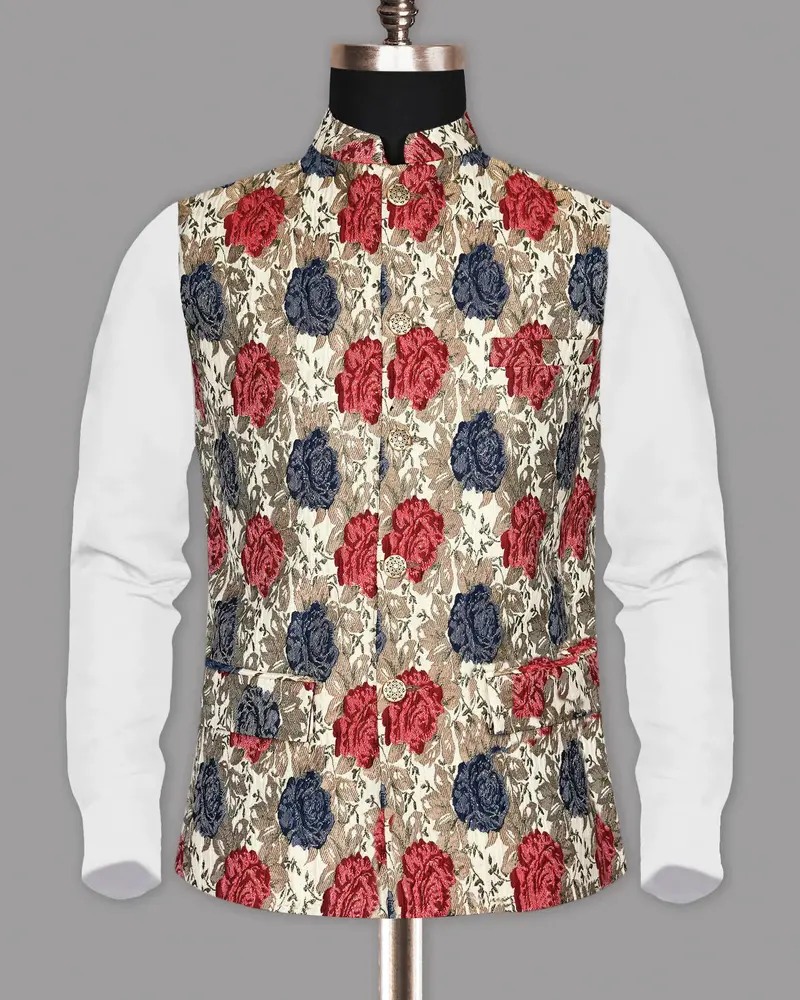Cream With Red And Blue Flowers Jacquard Designer Nehru Jacket 5