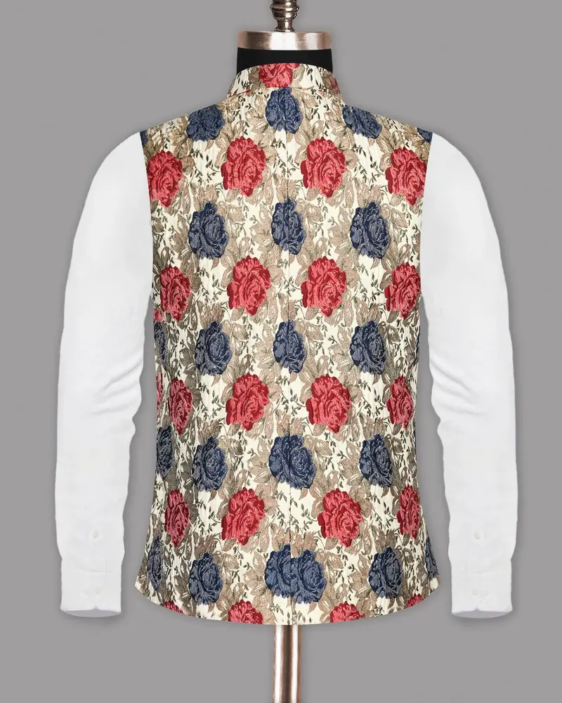 Cream With Red And Blue Flowers Jacquard Designer Nehru Jacket 6