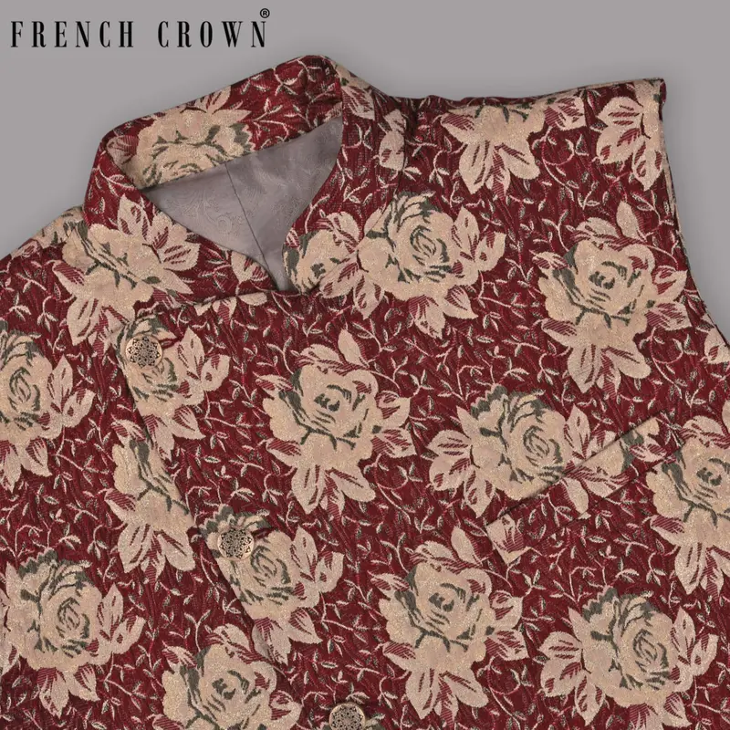 Cream With Red Rose Jacquard Textured  Designer Nehru Jacket 1