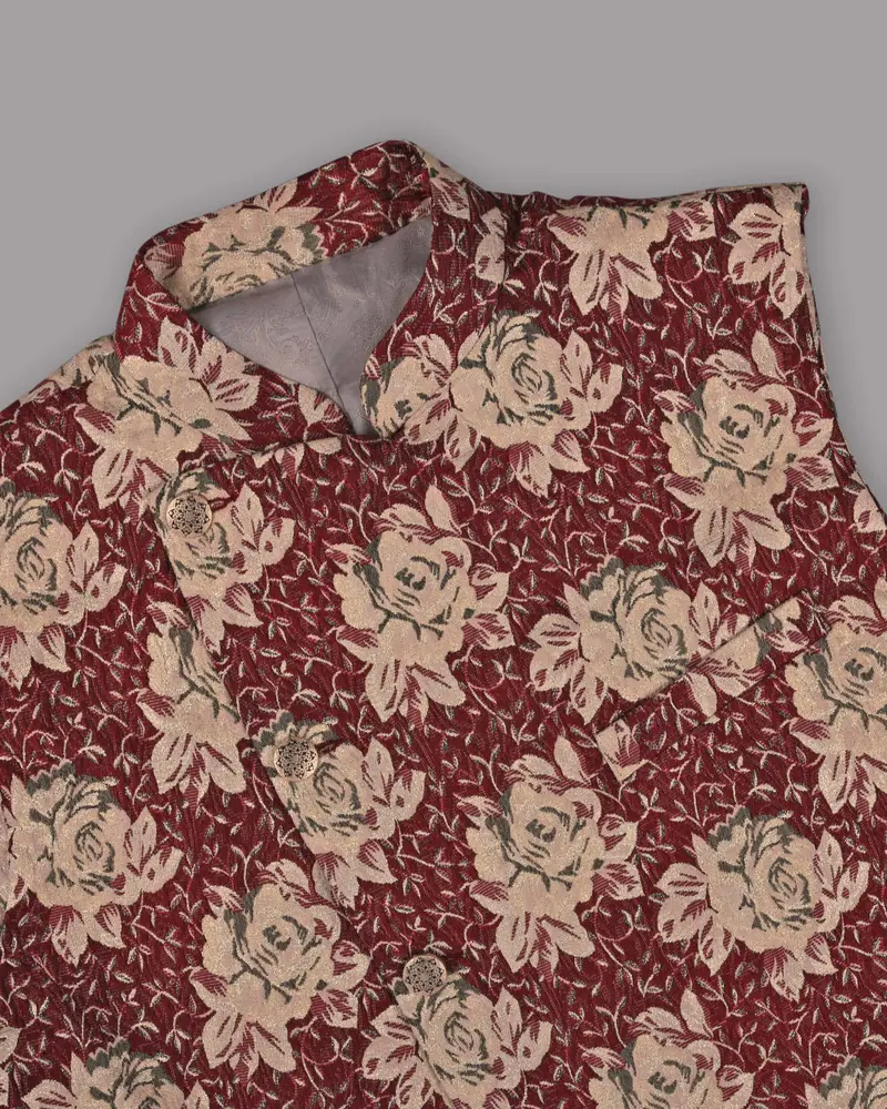 Cream With Red Rose Jacquard Textured Designer Nehru Jacket 2