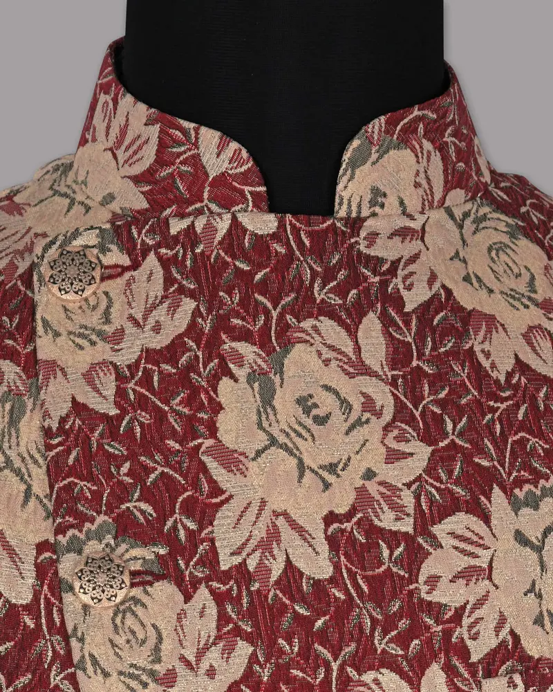 Cream With Red Rose Jacquard Textured Designer Nehru Jacket 4